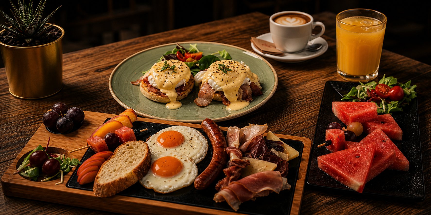 HOPS brunch table with eggs benedict, breakfast board, fruit, coffee and fresh orange juice