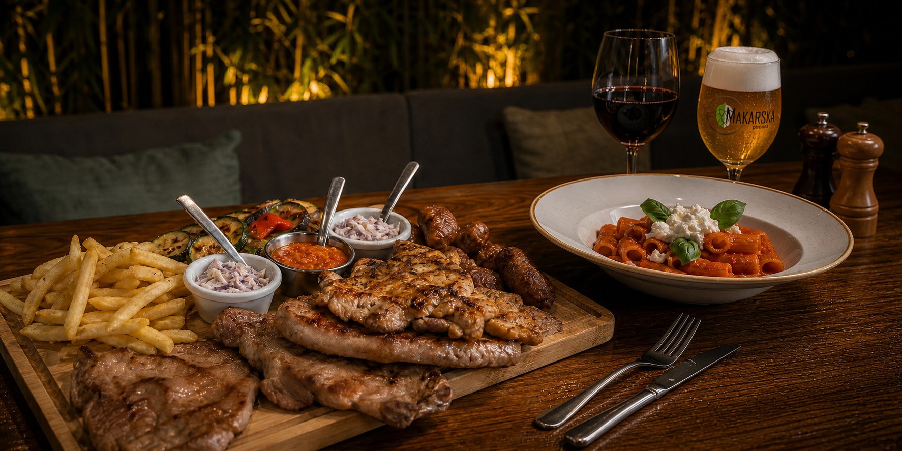 HOPS dinner table with HOPS plate for two, Pasta Rosso, red wine and Makarska Pivovara beer