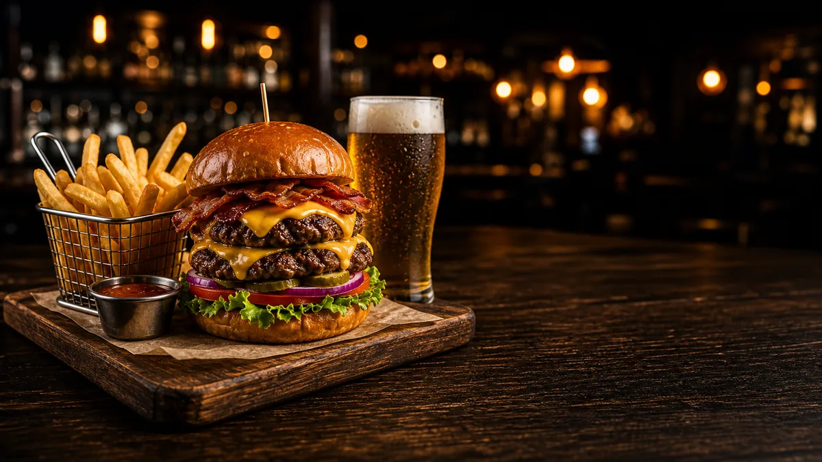 Burger, fries and beer lunch scene
